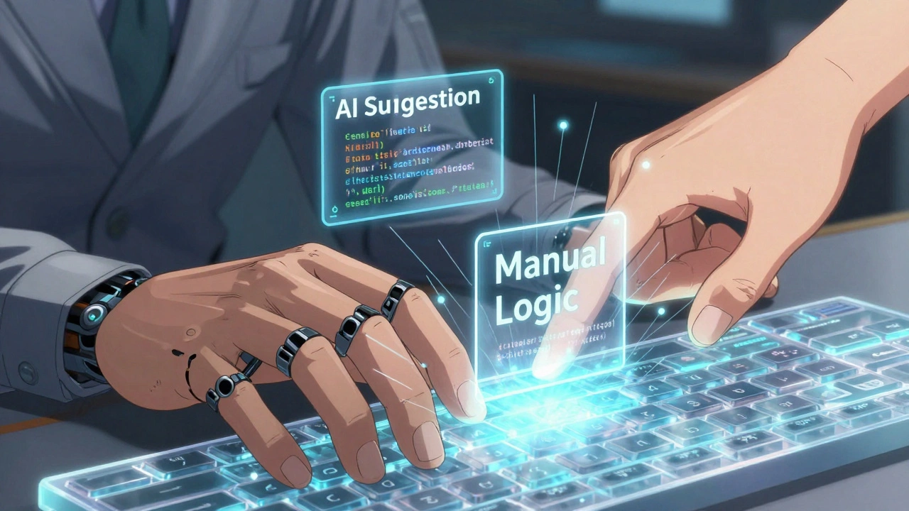A senior developer&#039;s hands rejecting AI-generated code in favor of manual logic, with glowing code blocks floating around.