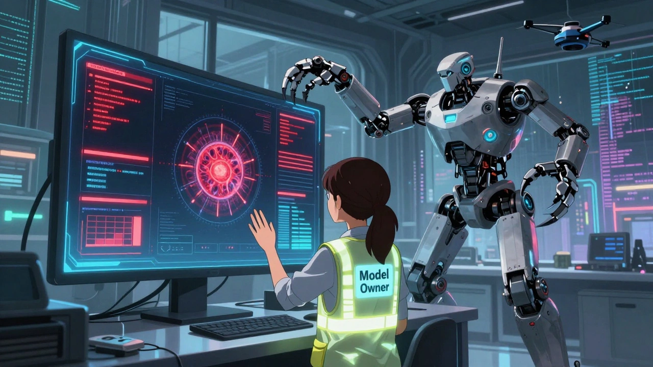 Data scientist activating automated guardrails to shut down a hallucinating medical AI in a cyberpunk lab.