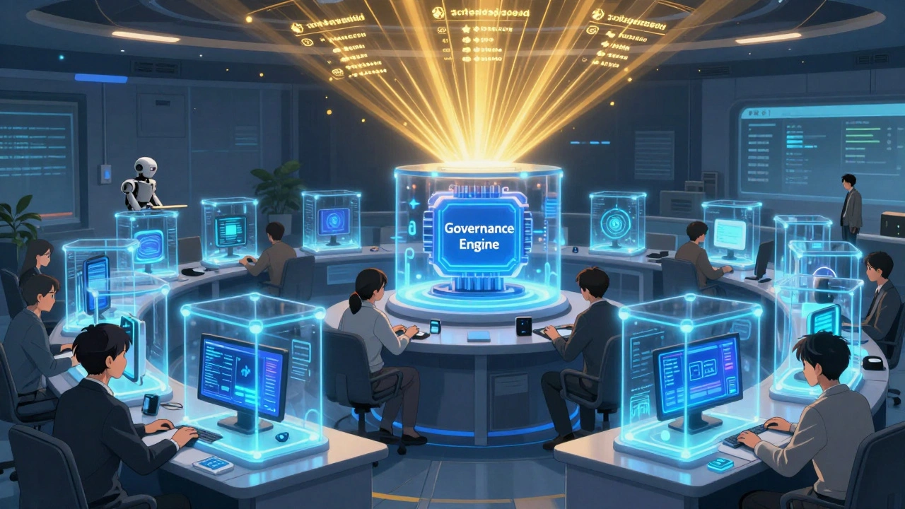 Employees using AI tools inside transparent safety cages, with a central governance engine glowing above them.