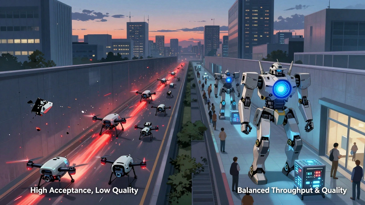 Two contrasting paths to a city: one filled with crashing robots, the other with steady mechs delivering features.