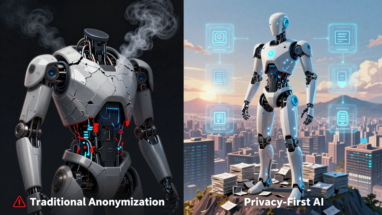 A broken AI model leaks data while a privacy-protected robot stands strong with encrypted armor.