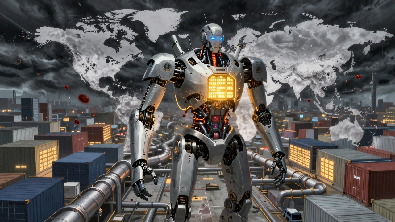 A digital twin of a global supply network pulses like a living organism, with shipping containers flowing as blood cells through glowing pipelines.