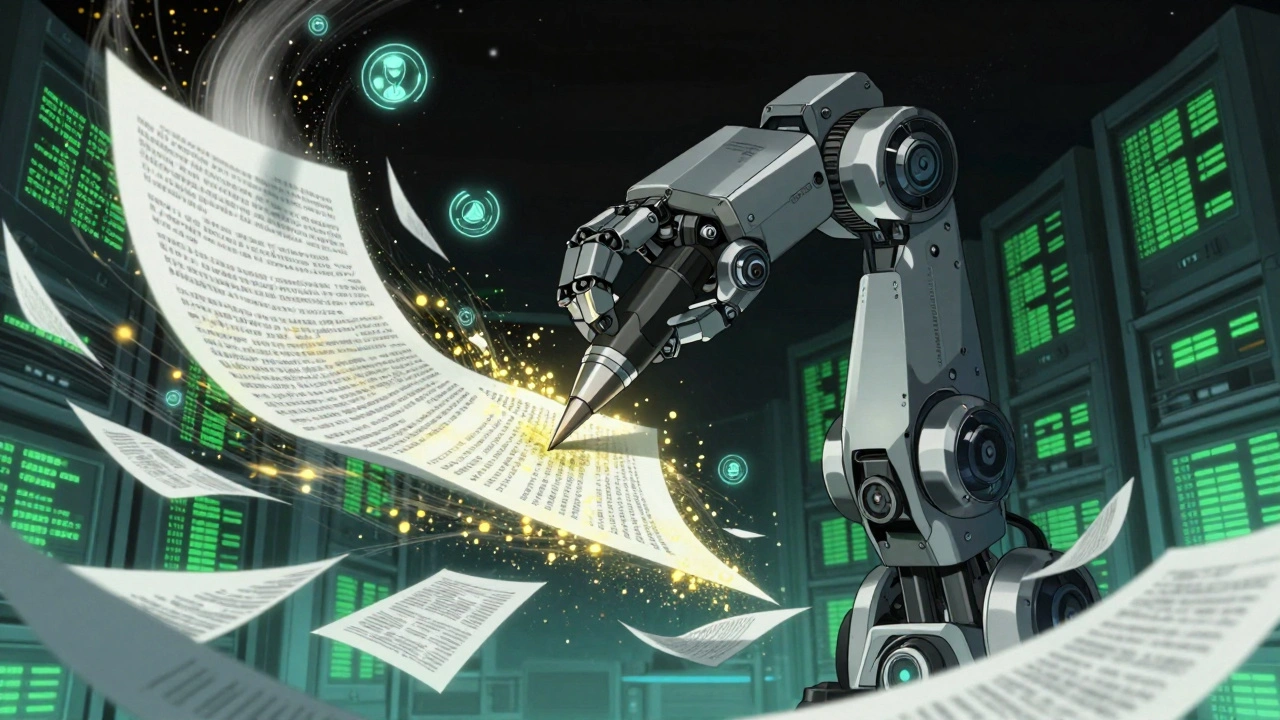 A robotic arm redacts sensitive digital documents with glowing holographic markers in a cyberpunk data center.