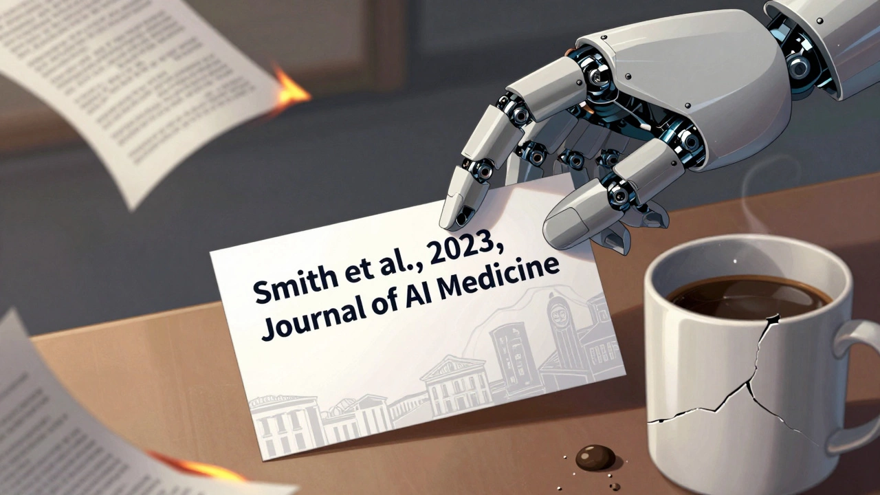 A robotic hand places a perfect citation that glitches to reveal hollow voids beneath, surrounded by fading journal ghosts.