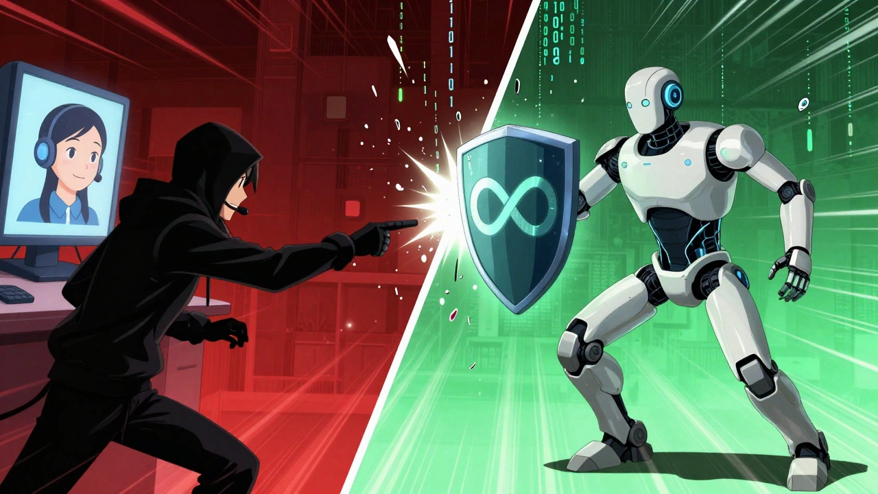 A security robot intercepts a prompt injection attack as a hacker tries to compromise an LLM bot.