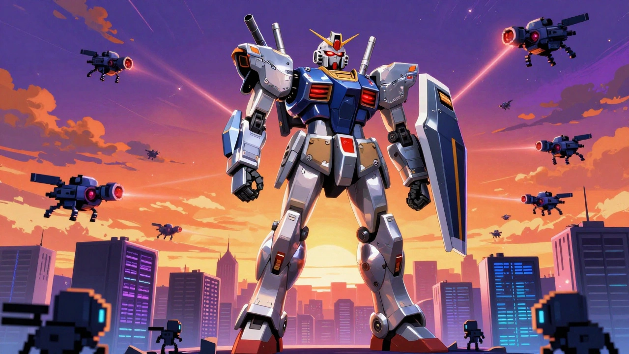 A towering external product robot defended by security systems under hacker attack.