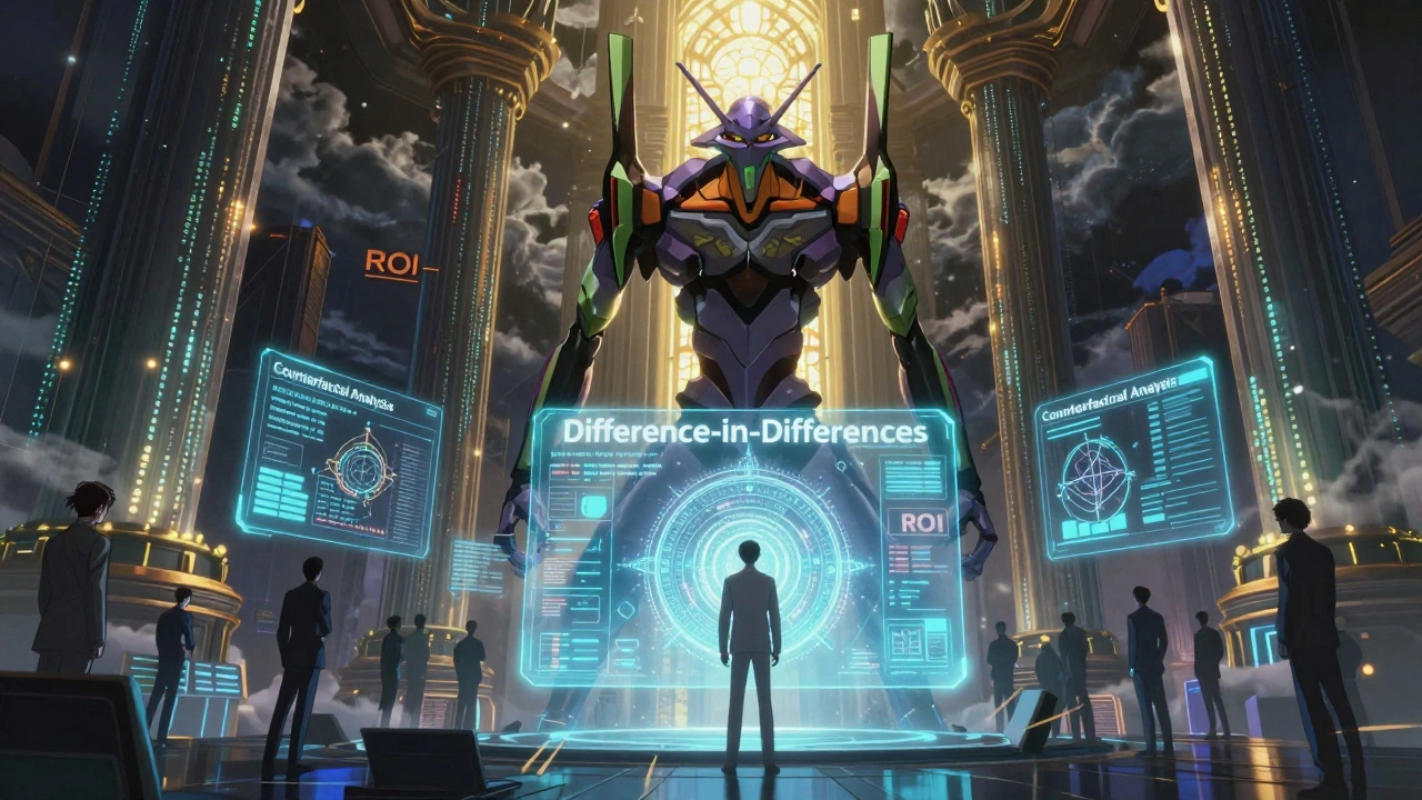 An analyst in a data cathedral surrounded by sacred AI attribution methods glowing like holy symbols.