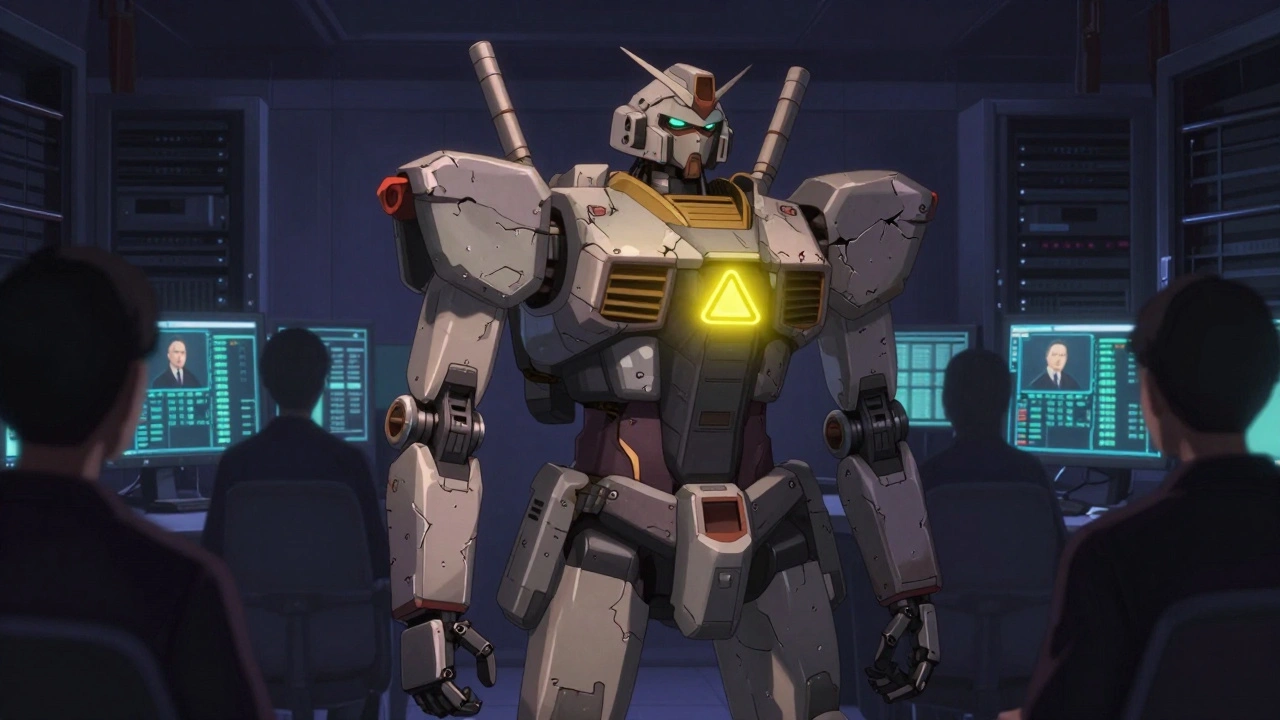 An armored internal tool robot in a dim server room, glowing with yellow warnings.