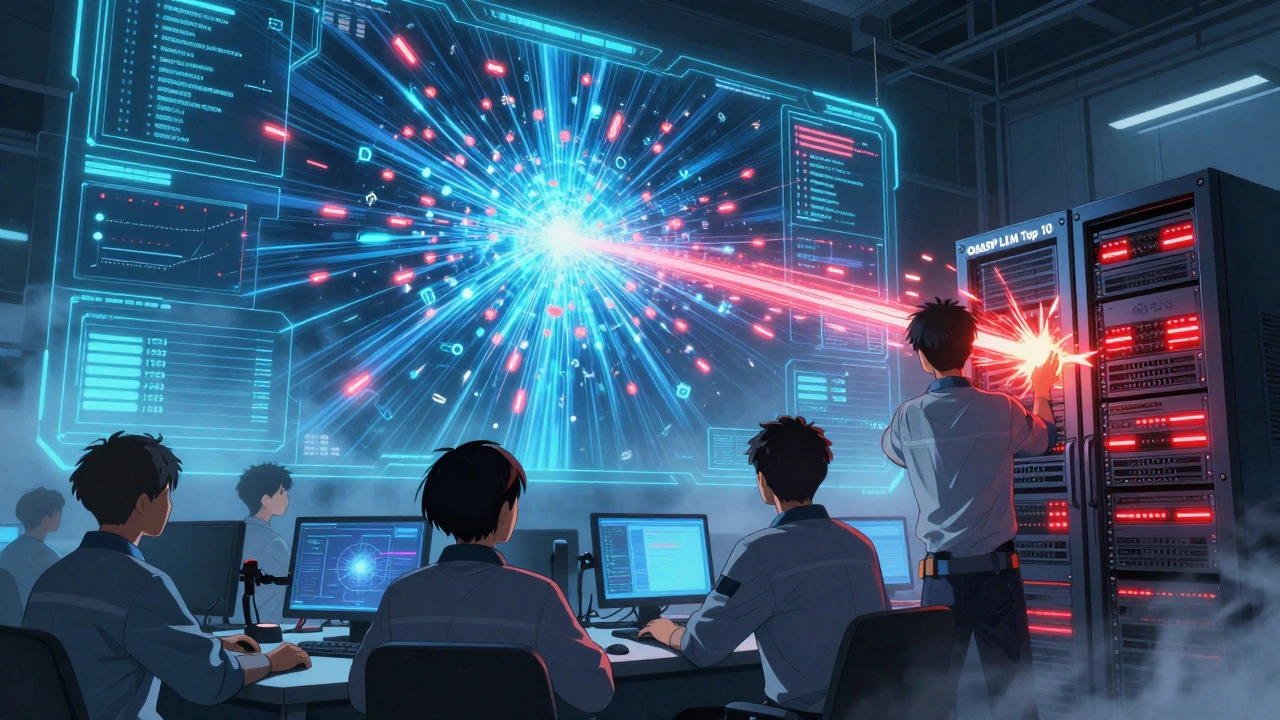 Engineers monitor real-time LLM attack simulations on a holographic dashboard with crimson alerts.