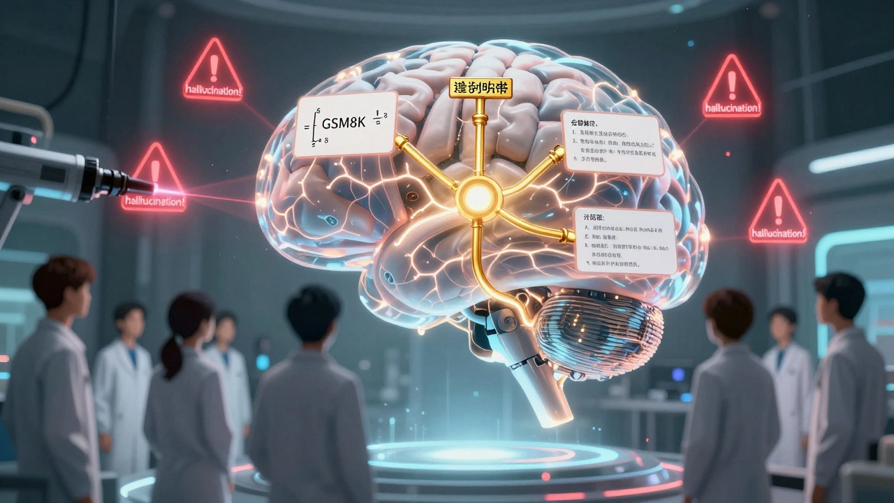 Engineers reinforcing a transparent AI brain with golden reasoning anchors, connecting medical, legal, and math pathways.