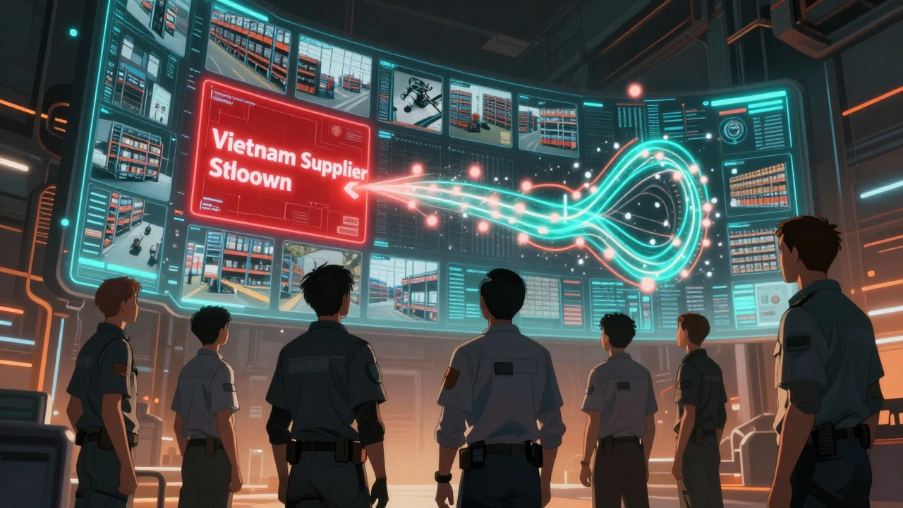 Human planners stand beside a towering AI interface projecting thousands of warehouse simulation scenarios in floating 3D panels.