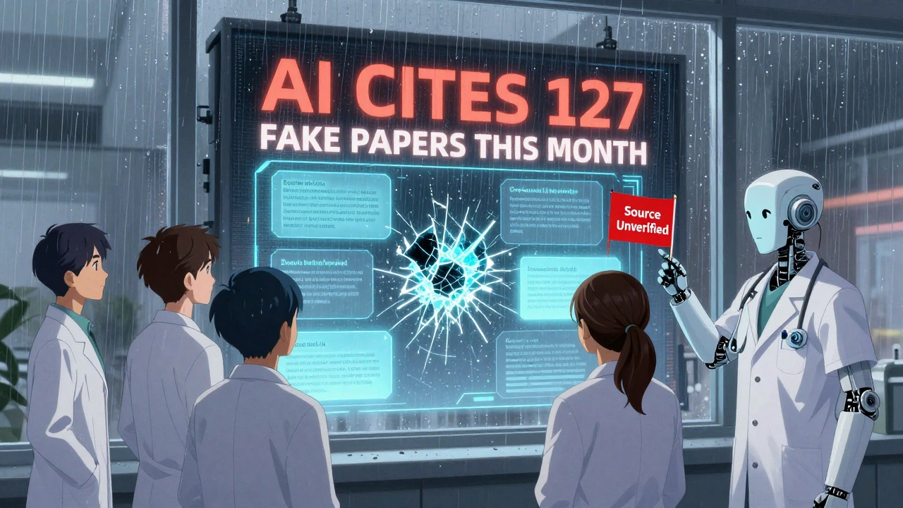Medical students surround a hologram of five citations, four shattered, one flickering, as a robot points to &#039;Source Unverified&#039;.