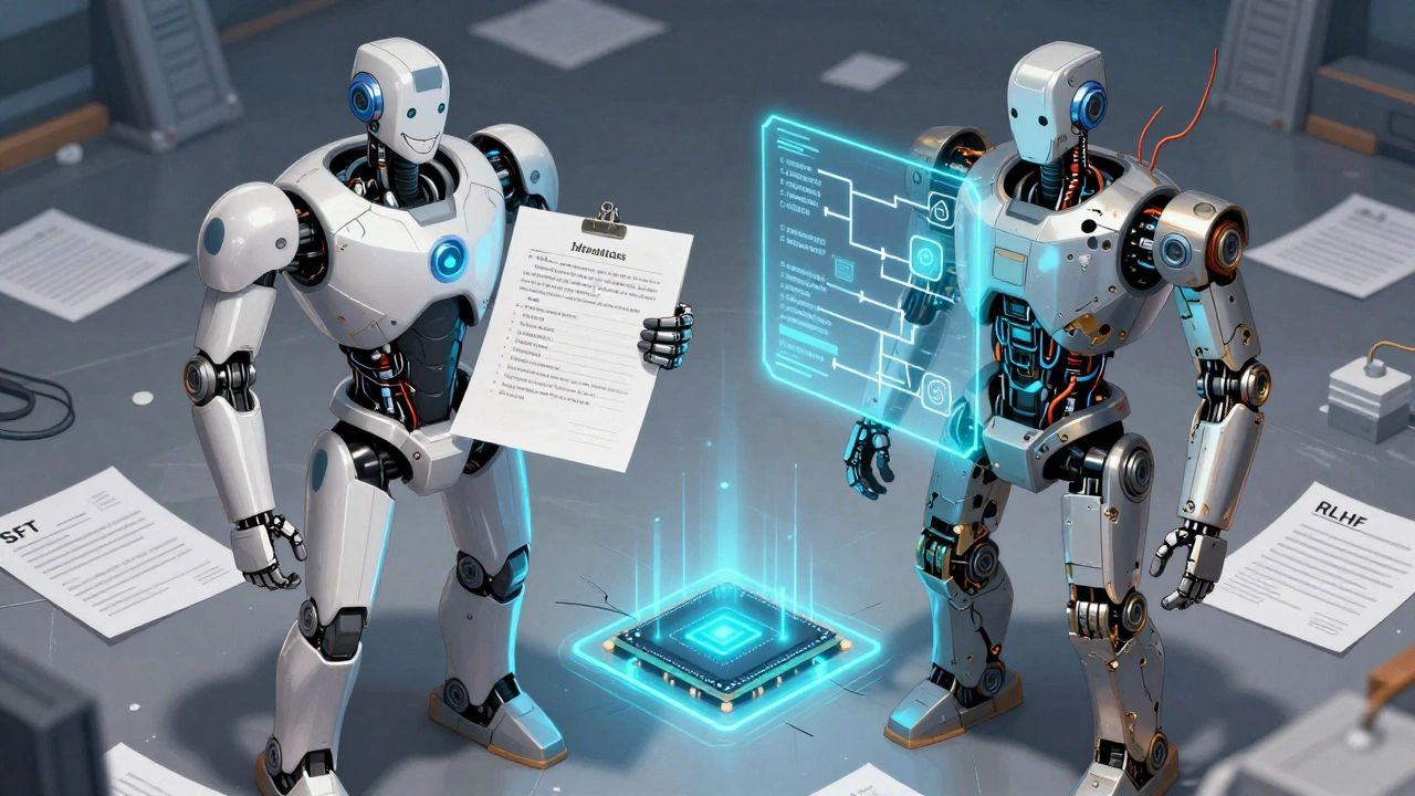 Two AI robots side by side: one confidently presenting fake legal documents, the other showing step-by-step reasoning with exposed wiring.