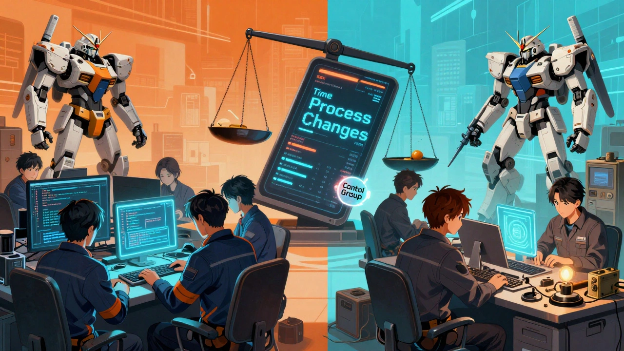 Two teams side by side—one using AI, one using old tools—with a scale measuring what truly caused productivity gains.