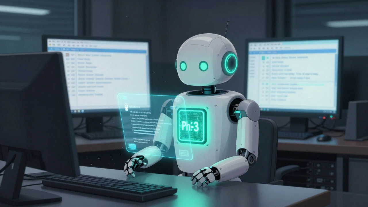 A compact SLM android quietly operates in a bank server room, answering financial queries with calm efficiency.