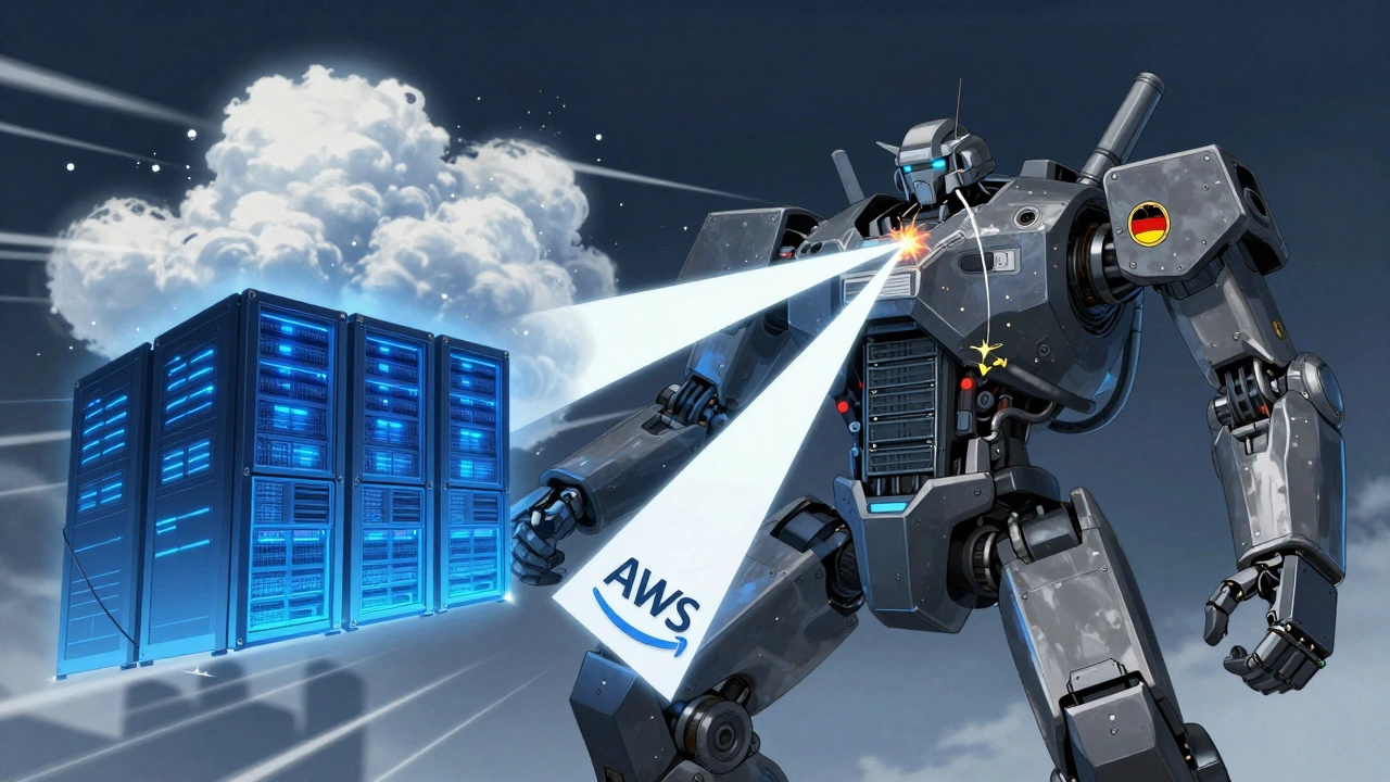 A hybrid robot connects local on-premises hardware to cloud servers, processing sanitized data with precision.