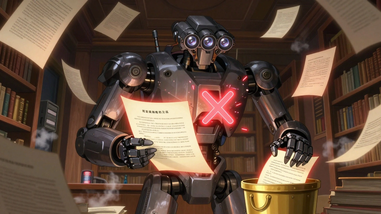 An armored robot reviewing legal contracts, flagging risky clauses with glowing red warnings.