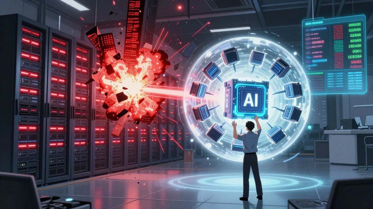 Checkpoint averaging saves a collapsing AI model as fragments form a protective stabilizing sphere.