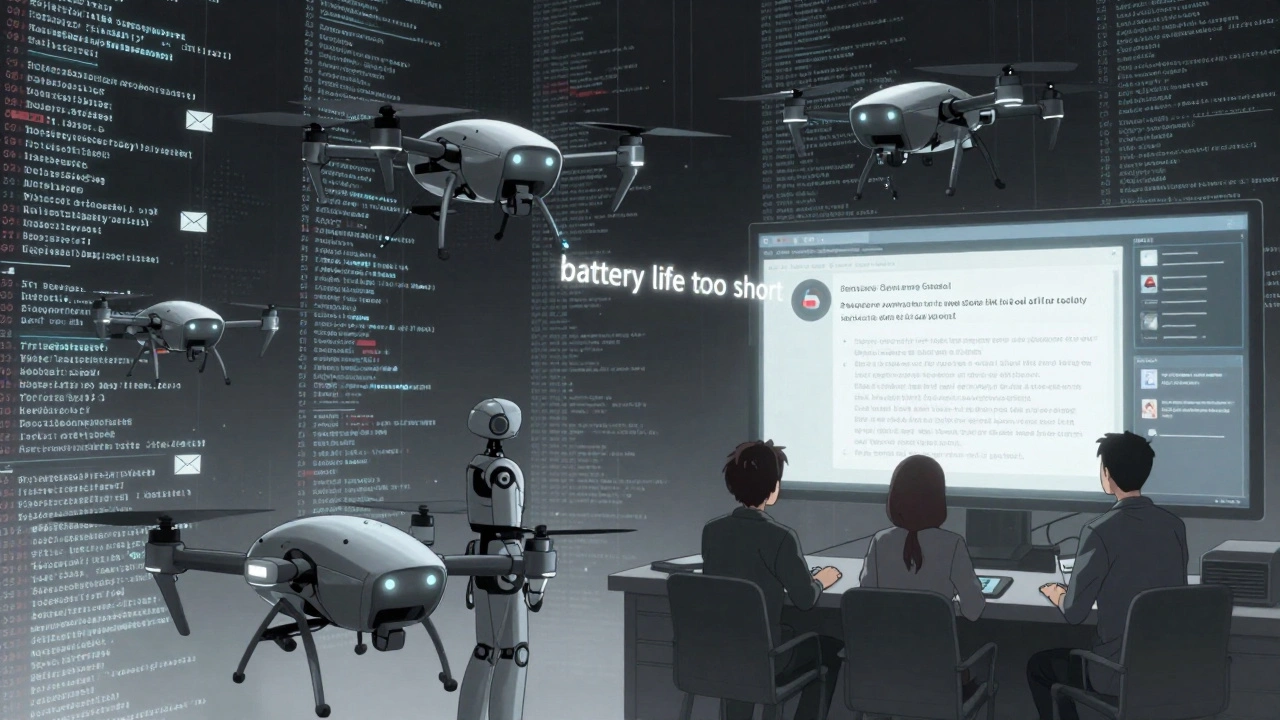 SLM drones analyzing customer feedback and auto-redacting sensitive data in a digital storm.