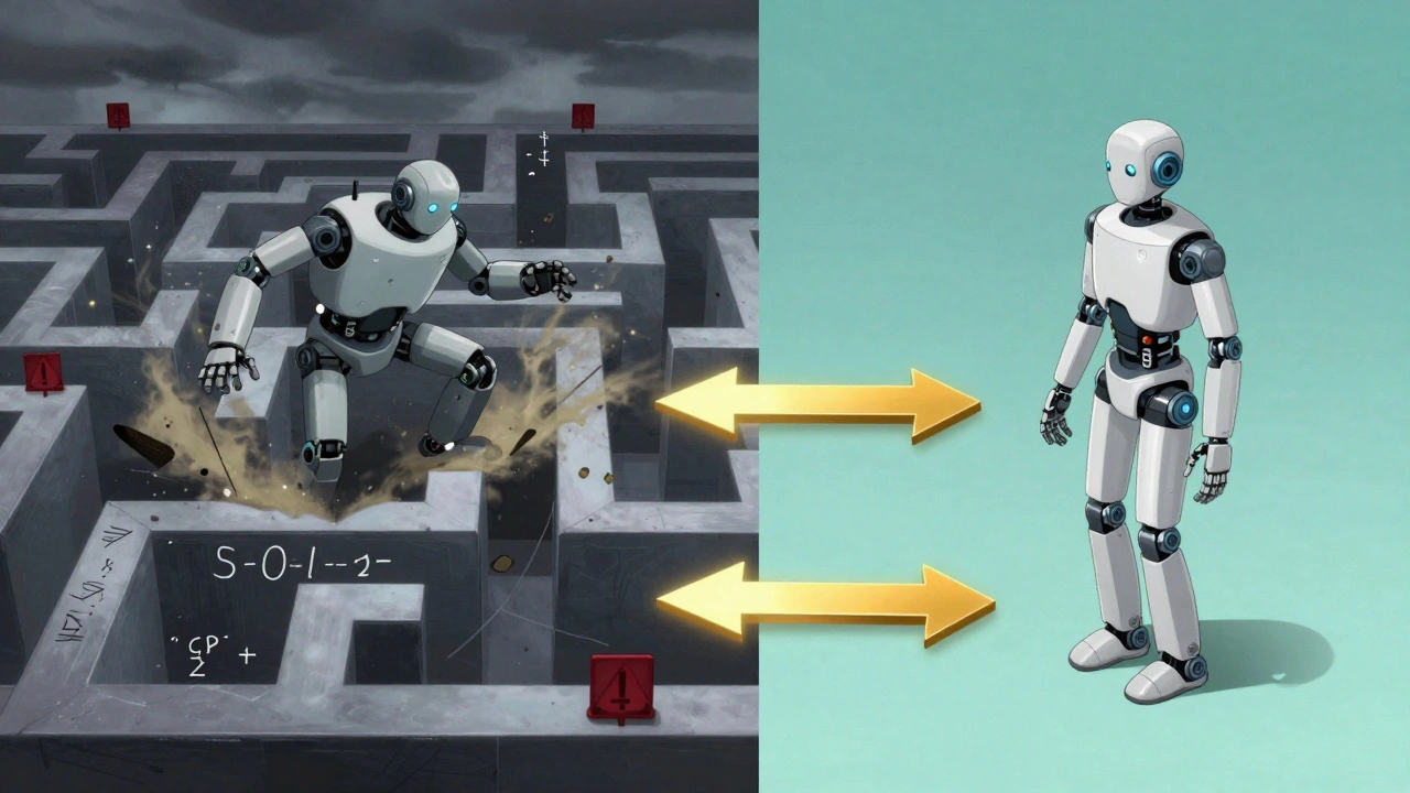 A clumsy robot struggles in chaotic reasoning steps vs. a sleek one gliding on minimal logic paths.