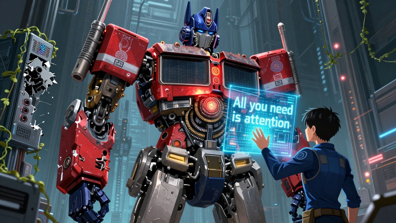 A glowing Transformer core with rotary embeddings awakening as a broken RNN decays behind it, with a coder touching a holographic attention matrix.