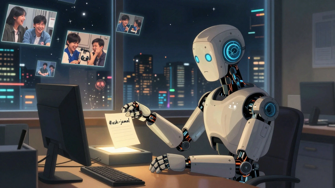 A lone robot places a handwritten note into a glowing wiki terminal as floating video moments orbit like stars in a quiet office.