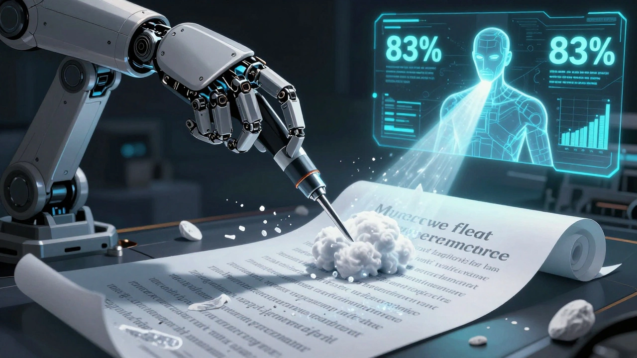 A robotic arm surgically removes fluff from a text scroll, leaving only key words that emit a beam to an LLM avatar.