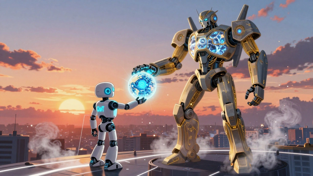 A small robot hands a reasoning orb to a giant AI robot, symbolizing hybrid intelligence.