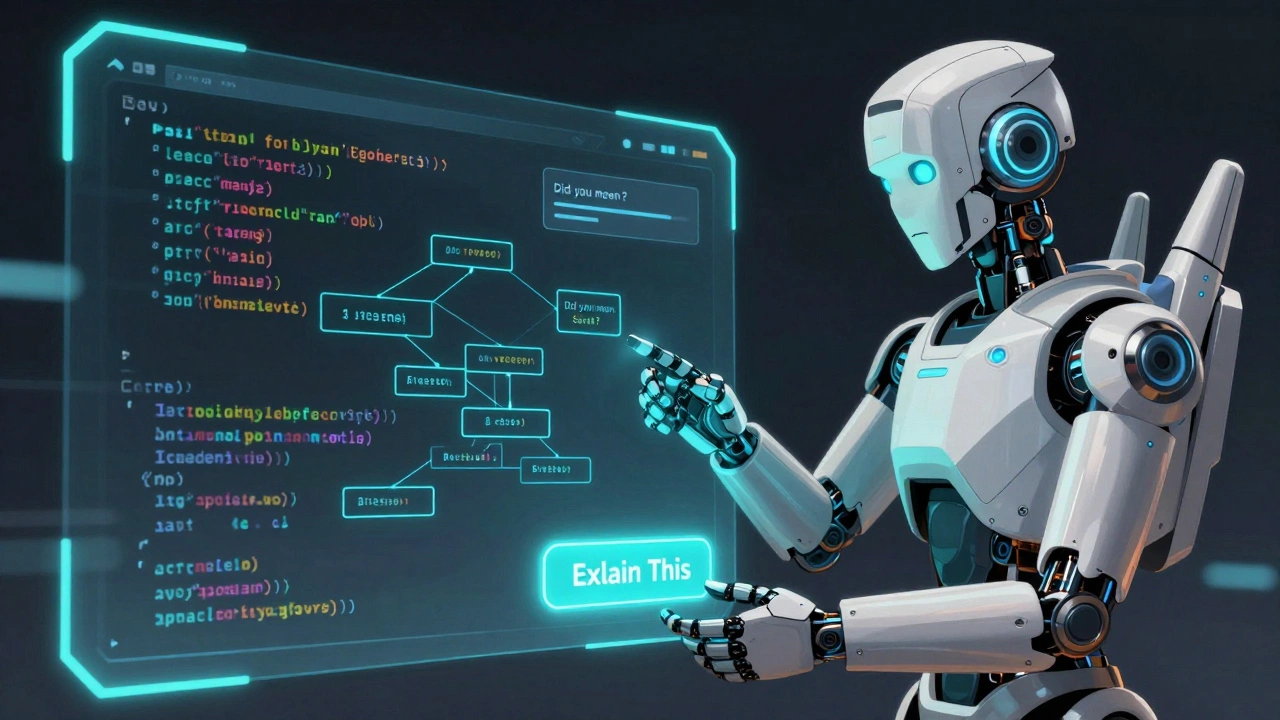 Developer viewing an animated explanation of AI-generated code with correction prompt nearby.