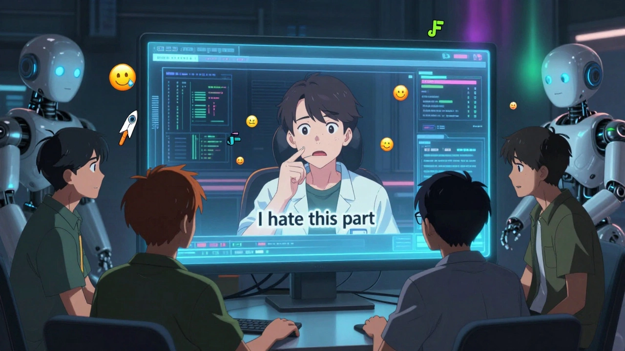 Engineers watch a video snippet of debugging on a screen, surrounded by floating emoji tags and sentiment analytics.