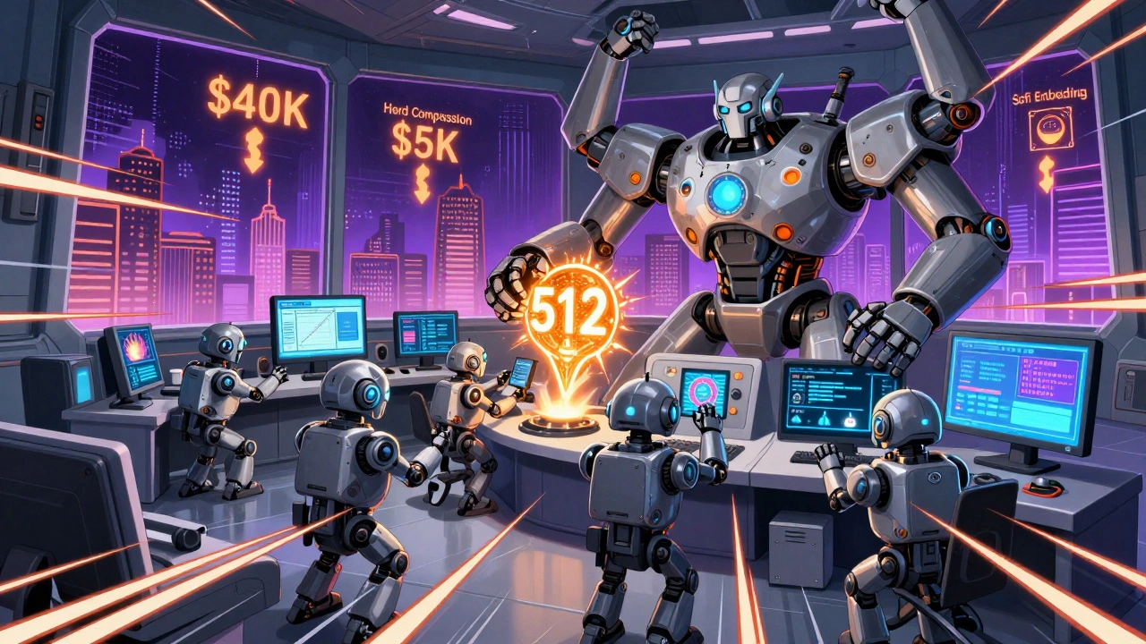 Miniature robot engineers adjust compression controls as a giant LLM machine processes queries with glowing data streams.