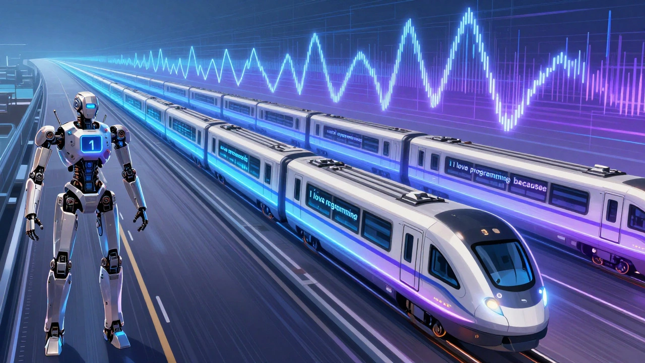 Robotic word tokens riding trains along a digital highway with sine-wave positional encoding trails under a gradient sky.