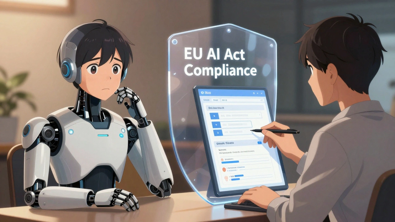 Split scene: confused user with human-like AI vs. calm user editing AI output with compliance shield.