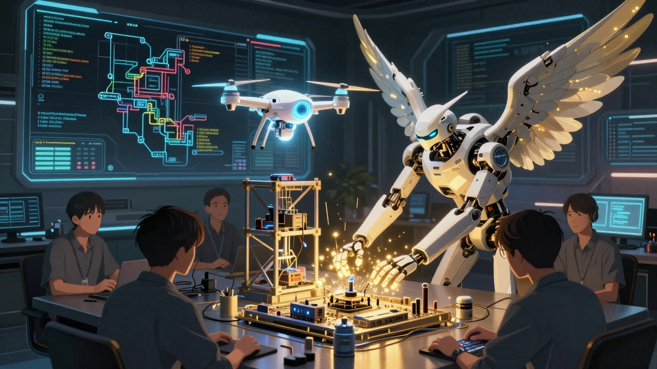 Team using AI drones to transition from prototype to secure system in a cyberpunk war room.