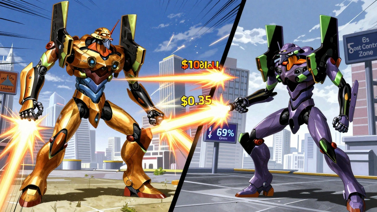 A battle between expensive and efficient AI robots with user satisfaction gauges in anime style.