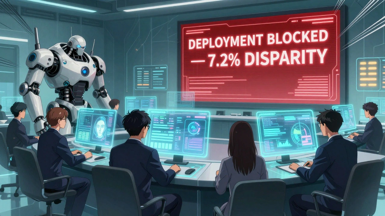 A diverse team monitors AI bias metrics in a high-tech control room with holographic displays.