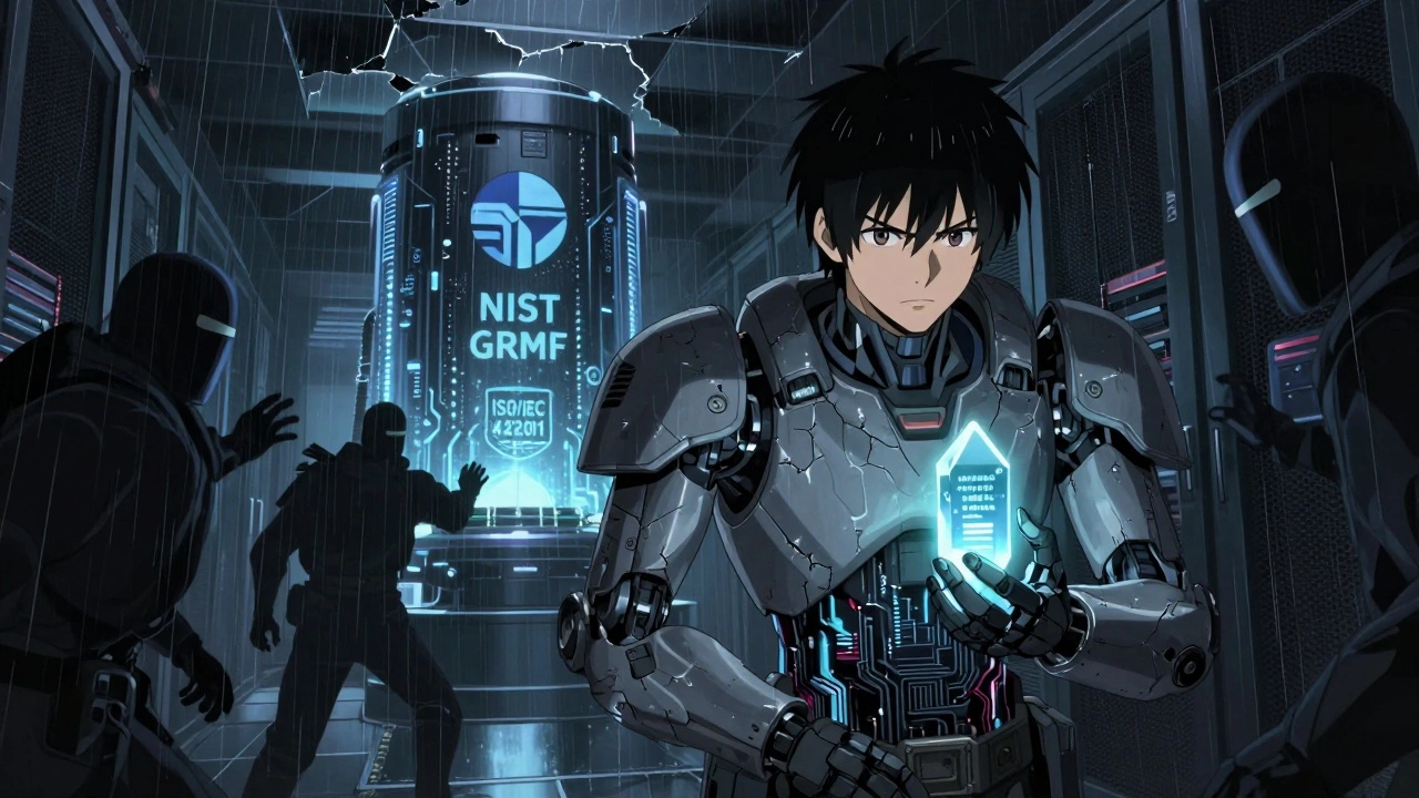 A whistleblower holds evidence in a server farm as corporate drones approach under glowing ethical logos.