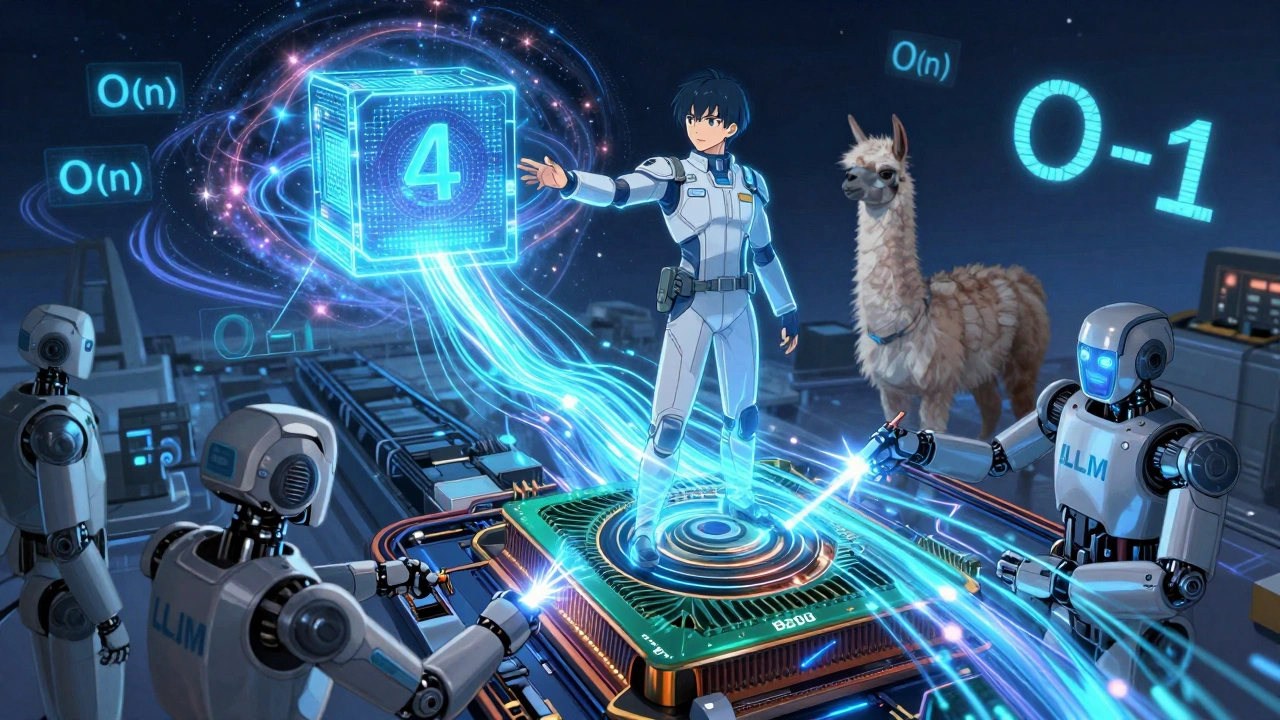 Engineer atop a massive GPU core merging memory and computation streams, with futuristic AI core and vLLM robots repairing cache systems.