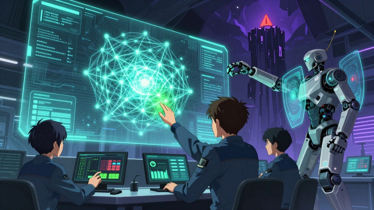 Engineers optimizing an LLM hologram with caching and memory shields in a futuristic control room.