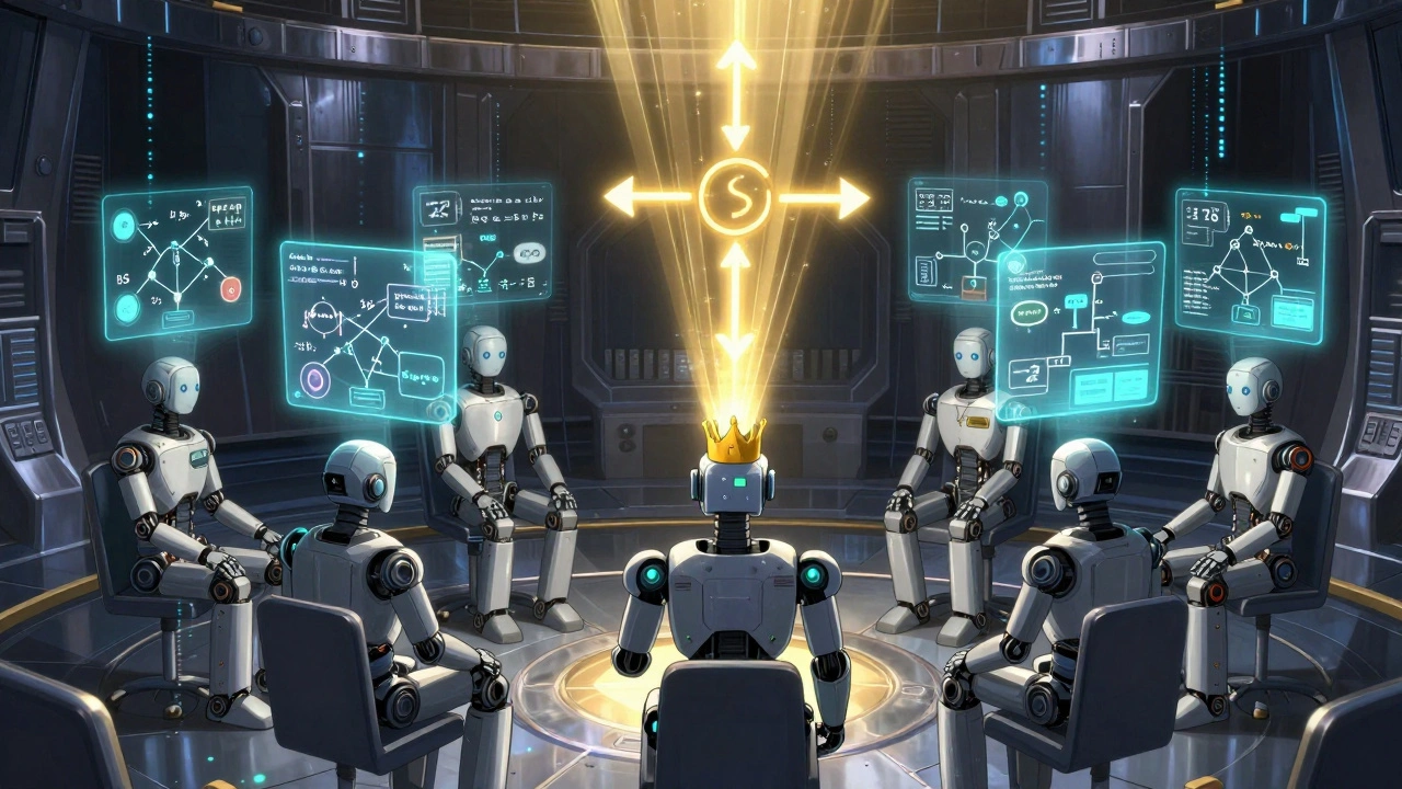 Five robot avatars generating reasoning paths, with a central judge selecting the most common answer.