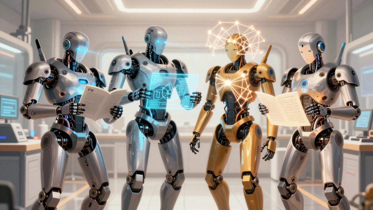 Four robotic agents collaborate to analyze, extract, map, and write literature review data.