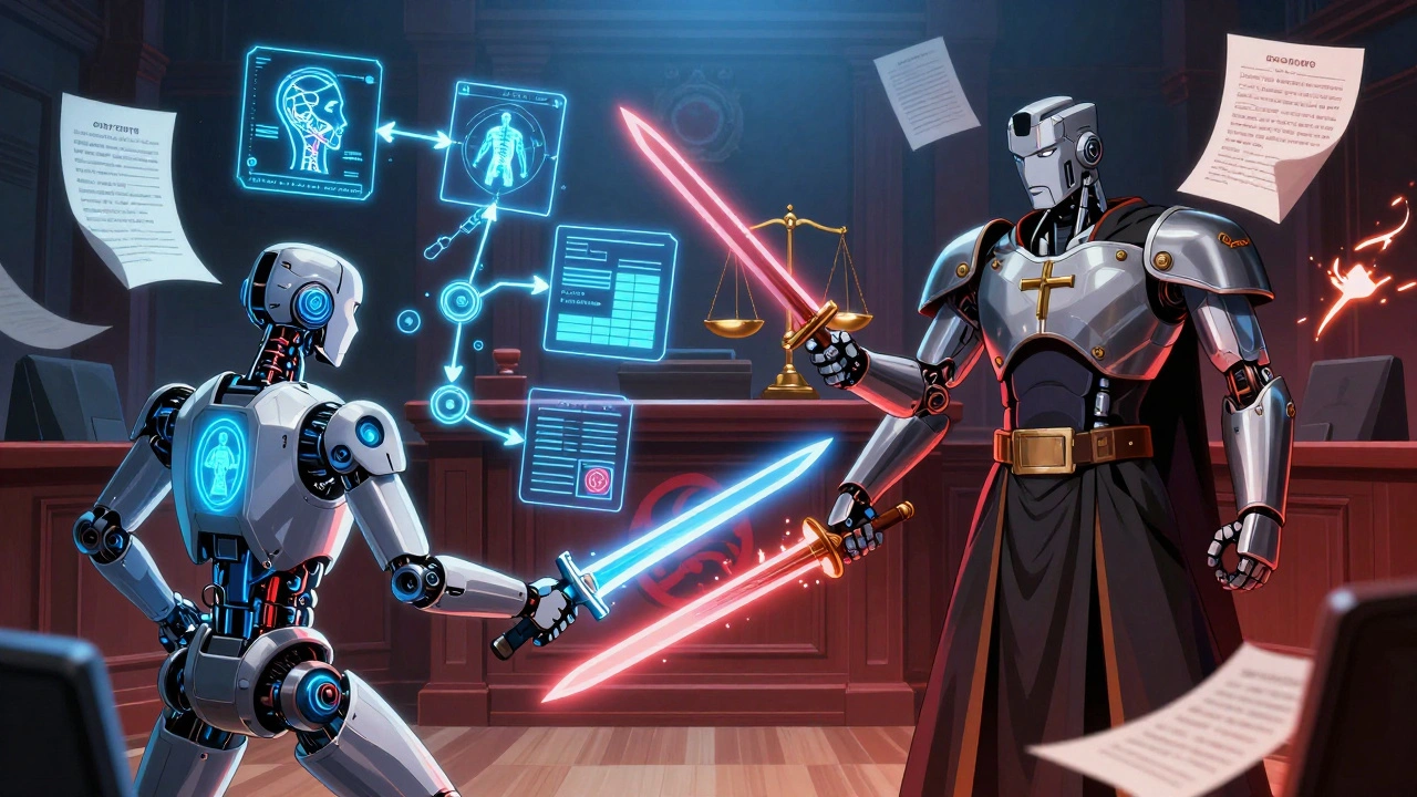 Three robots debating a medical diagnosis in a high-stakes arena with glowing evidence and clashing logic.
