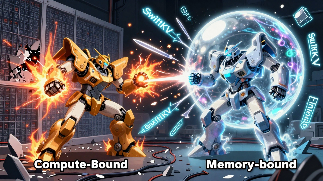 Two robotic entities in battle: one smashing computation walls, the other trapped in a bloated cache bubble with glowing optimization glyphs.