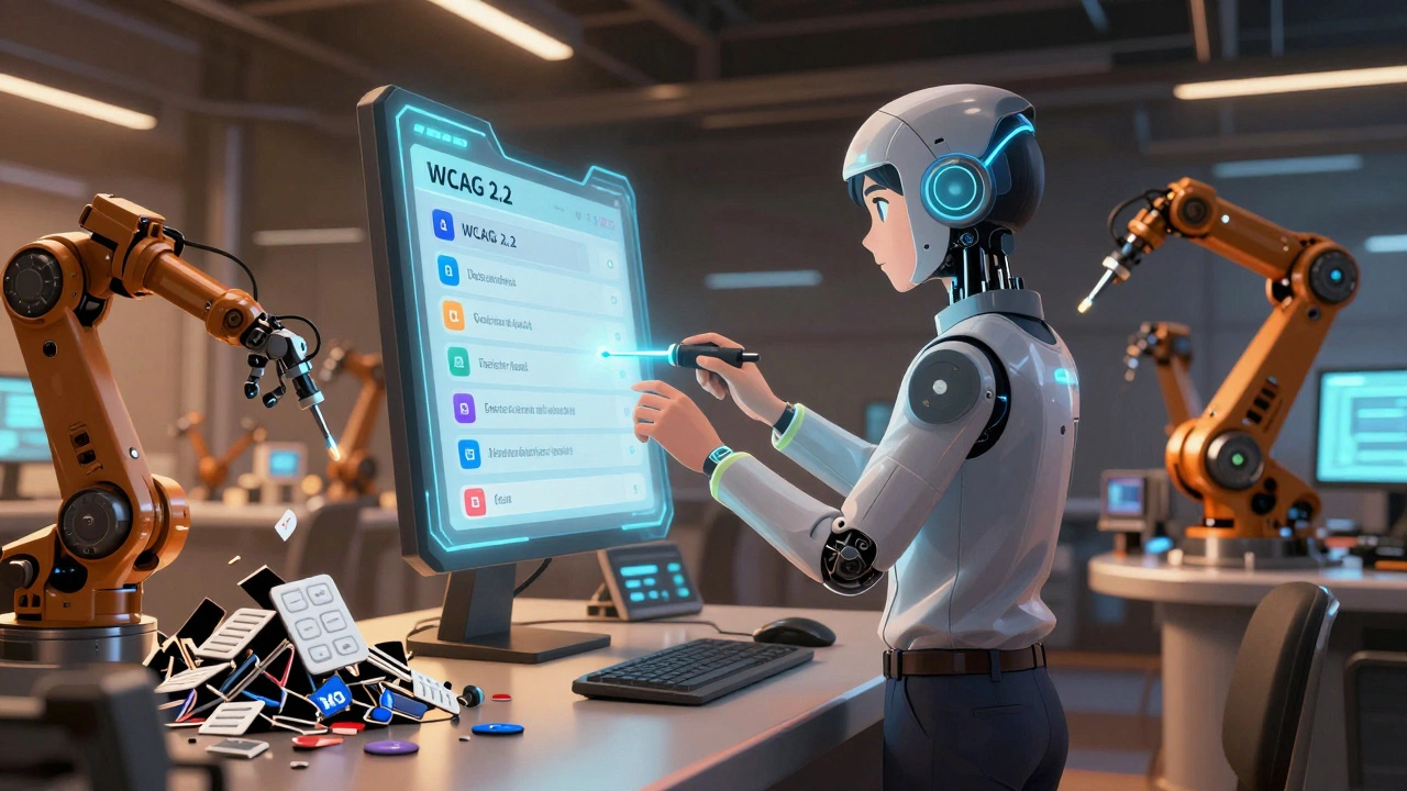 A developer and AI assistant work together to fix a broken UI component in a neon-lit command center.
