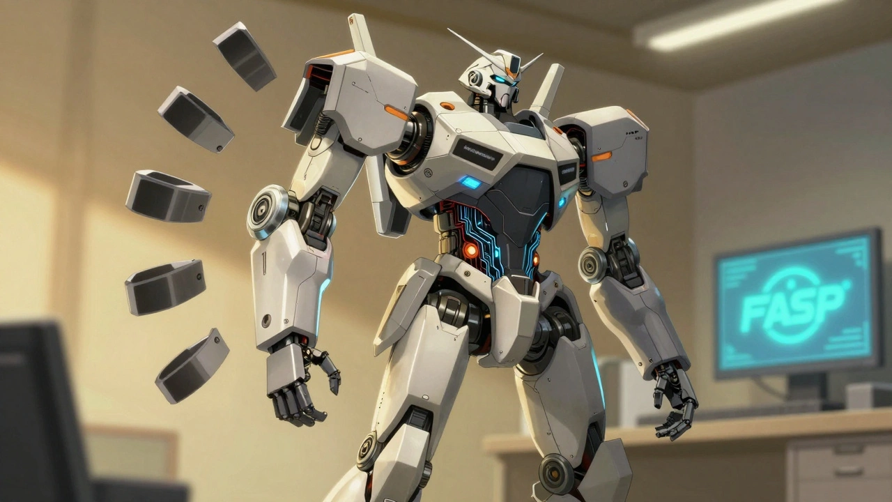 A modular robot undergoes clean structural pruning, shedding blocks to reveal streamlined circuitry.