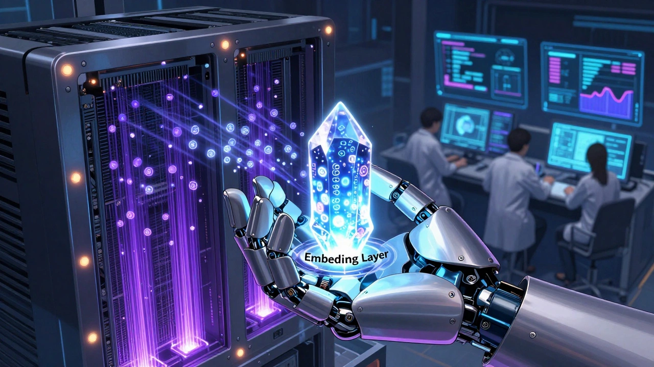 A robot&#039;s hand holding a glowing embedding crystal, half the vectors dim, as overheating GPUs loom in the background.