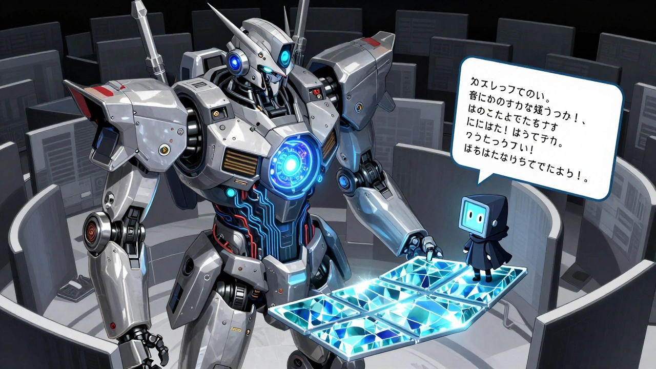 An AI core opens a modal dialog while a screen reader avatar listens to floating kanji announcements.