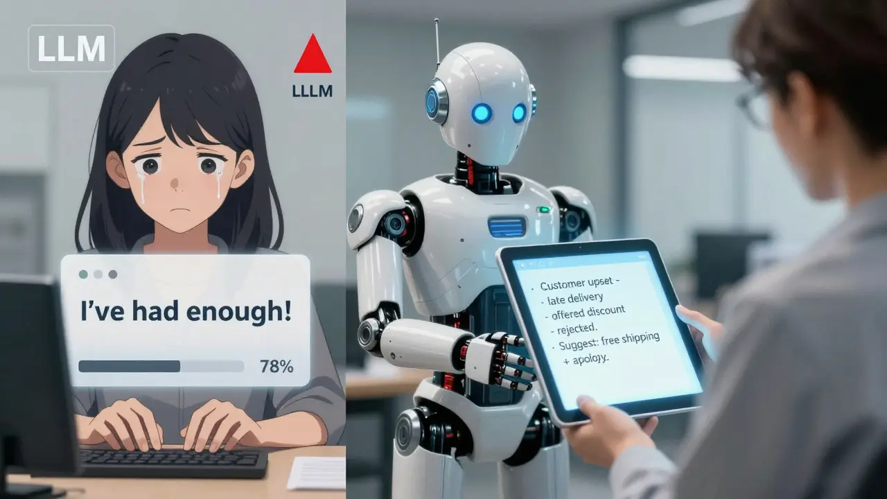 A frustrated customer's message triggers an AI escalation flag, handed off to a human agent.