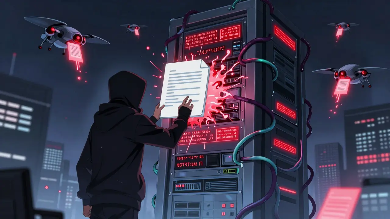 A hacker uploads a corrupted file that unleashes hidden commands inside a corporate AI server.