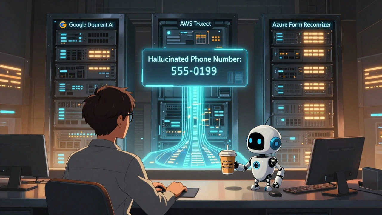 A human reviews an AI error alert while massive AI systems pulse with data streams in a dim control room.